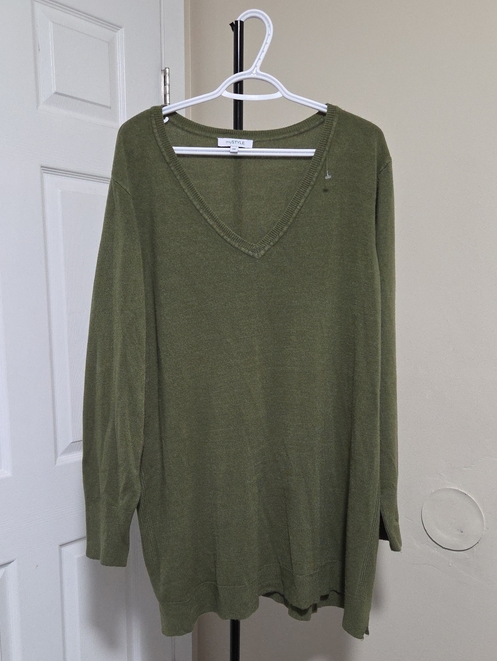 MyStyle Relaxed V-Neck Olive Green Sweater Tunic